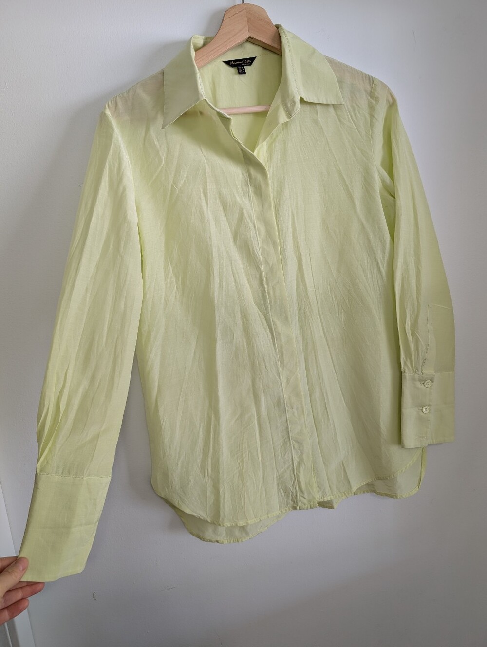 Massimo Dutti Small Cotton Silk Blouse Lime Yellow Button Down Shirt Long Sleeve